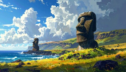 Easter Island Moai Statues in Landscape with Ocean, Sky, and Clouds