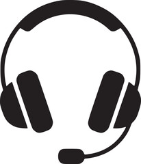 A simple graphic of black headphones with a microphone on a white background in vector format