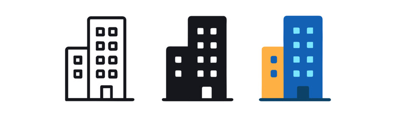 Obraz premium Set of minimalist building icons in linear, silhouette, and flat styles