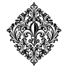 Black fleur de lis damask ornament on white background