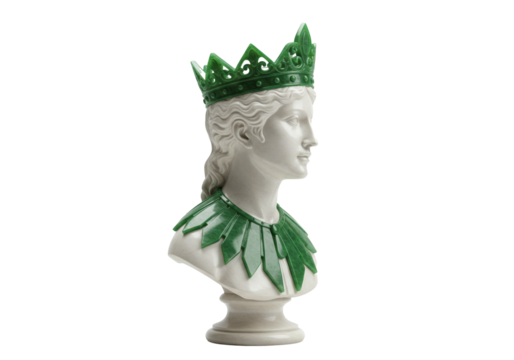 Bust of a woman with green crown and collar isolated on transparent background, sculpture art