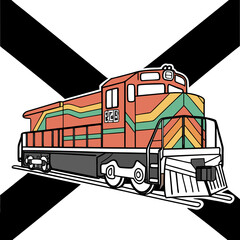 Orange train engine with colorful stripes on black and white background © rabi