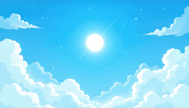 Bright Sky with Fluffy Clouds and Shining Sun