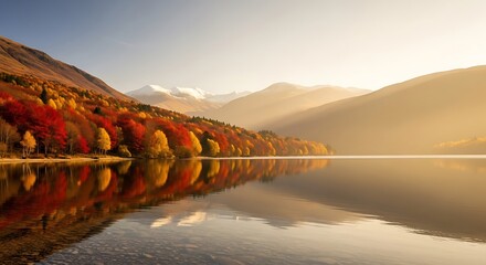 Autumn forest reflected in a calm lake with snow-capped mountains