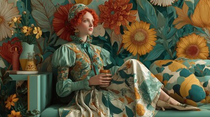 Fototapeta premium Dreamy floral reverie portrait of a woman lost in a floral wonderland setting