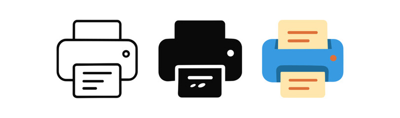 Obraz premium Variety of printer icons in flat, silhouette, and linear styles for office themes