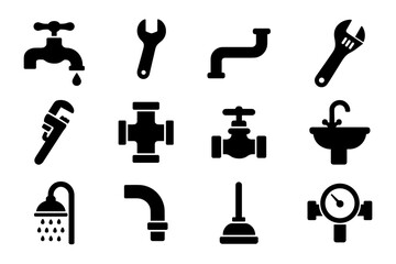 plumbing silhouette icons , faucet, wrench, pipe, valve, sink