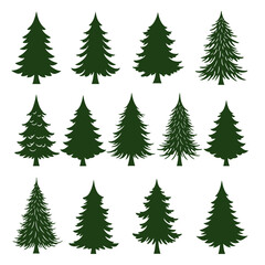 Obraz premium Collection of twelve diverse stylized evergreen trees for festive winter holiday decorations and designs isolated on white background