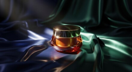 Amber glass cosmetic jar with gold lid on draped dark blue and green satin fabric draped fabric