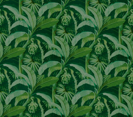 Lush tropical seamless pattern with exotic jungle foliage. Features hand-drawn banana leaves, palm fronds, and flowers in vibrant green hues. Perfect for wallpaper, textiles, and summer decor