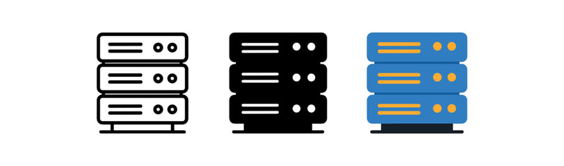 Server icon set: outline, solid, and colored styles for technology designs