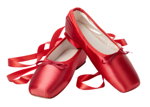 Pair of shiny red ballet slippers isolated on transparent background