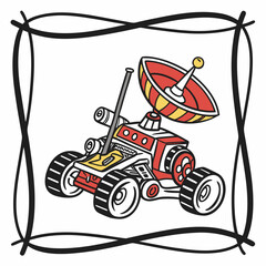 Red and yellow cartoon rover with satellite dish space