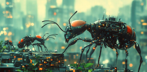 Robotic ants crawling over futuristic cityscape with glowing lights and blurred background details seen