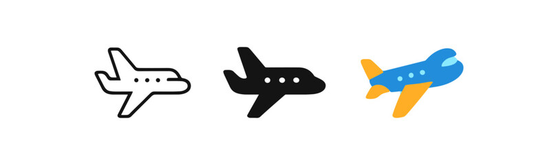 Airplane icons in linear, silhouette, and colorful flat styles