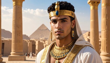 Egyptian Pharaoh Posing in Front of the Pyramids with Ancient Columns