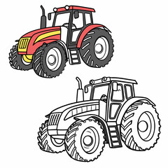 Red and yellow tractor and outline tractor farm machine