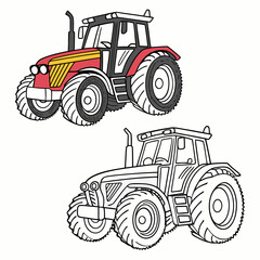 Red and yellow tractor illustration and outline farm vehicle