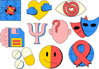 Psychology Vector Elements in Neo Flat Retro Brutalism Style. Abstract Brain, Mind, Helping Hands, Balance, Therapy and Mental Health Symbols for Modern Counseling, Education, and Wellbeing Design.