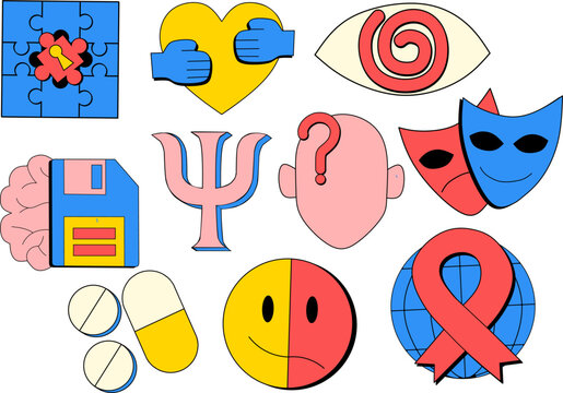 Psychology Vector Elements in Neo Flat Retro Brutalism Style. Abstract Brain, Mind, Helping Hands, Balance, Therapy and Mental Health Symbols for Modern Counseling, Education, and Wellbeing Design.