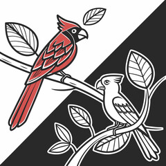 Red cardinal and white parrot on branches black and white background