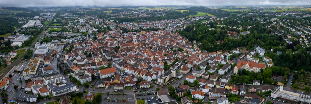 Aerial view around the old town of the city biberach in Germany on a cloudy spring day