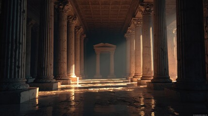 Fototapeta premium Ethereal Light Illuminating Ancient Stone Columns and Archway Structure