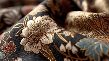 Elegant floral fabric with a shimmering gold brocade design for textile art