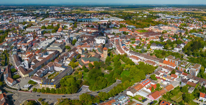 Aerial view around the old town of Bruchsal in south Germany on a sunny spring day