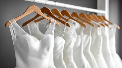 Rack of white dresses hanging on a clothesline. The dresses are all different styles and lengths, but they all have a similar color. Scene is elegant and sophisticated