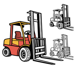 Red yellow forklift truck and line art forklifts industrial vehicle