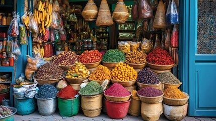 A vibrant display of spices nuts and dried goods at an outdoor market stall in a colorful setting