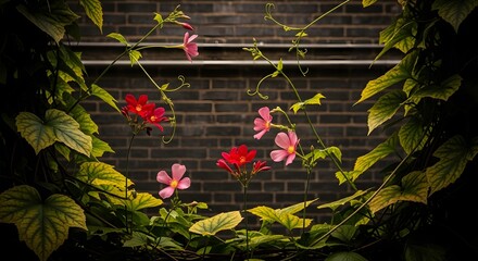 Red and pink flowers climbing on a brick wall in a garden setting outdoors