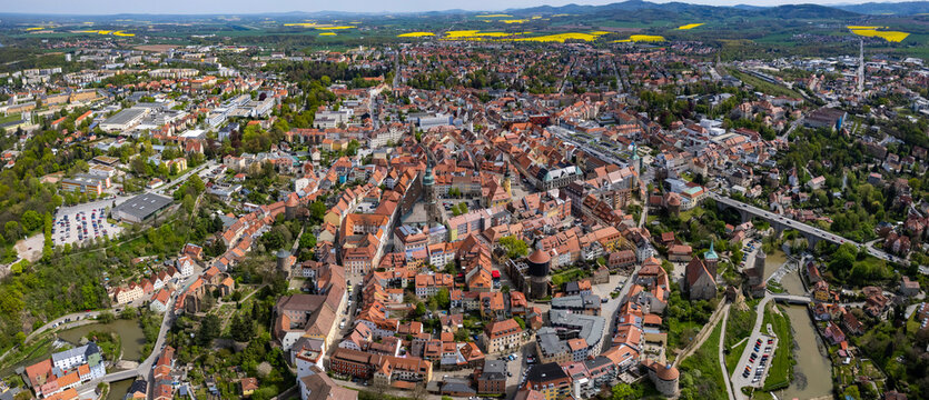 Aerial view around the old town of Bautzen in Germany on a sunny summer day