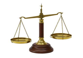 Antique brass balance scale isolated on white, vintage justice scales for law and finance concept
