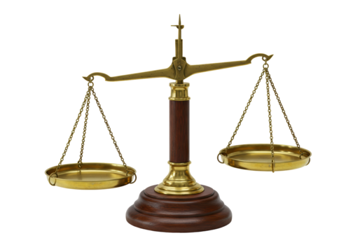 Antique brass balance scale isolated on white, vintage justice scales for law and finance concept