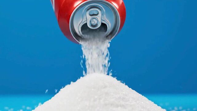 A bright red soda can dramatically pouring out a continuous stream of pure white granulated sugar onto a vibrant blue background.