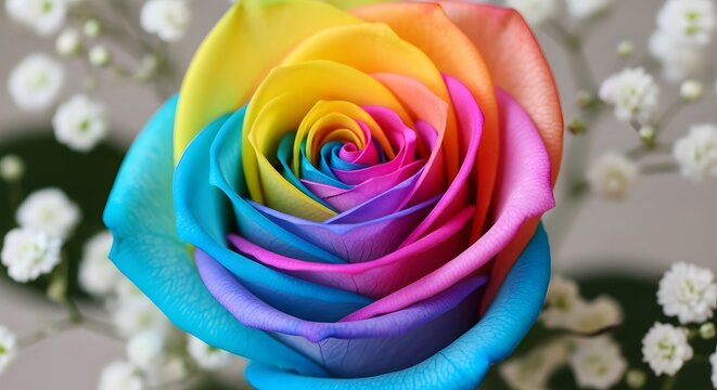 Colorful rainbow rose with a swirl pattern and soft white floral background