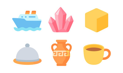 Colorful collection of six flat style icon designs with various objects