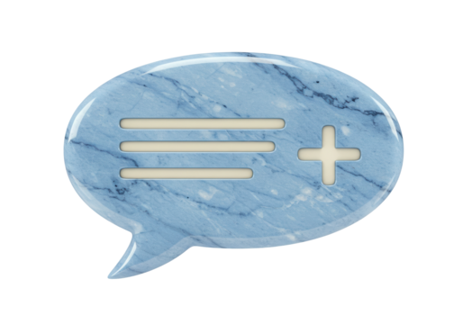 Blue marble speech bubble with plus and menu isolated PNG, communication and information icon