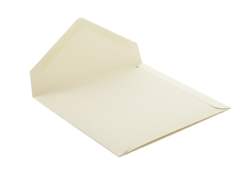 Open manila envelope isolated on transparent background, office supply for mailing documents