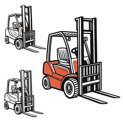 Three forklifts in different sizes and colors industrial vehicle