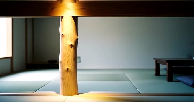 Tranquil Japanese interior with wooden pillar, tatami mats, and soft lighting