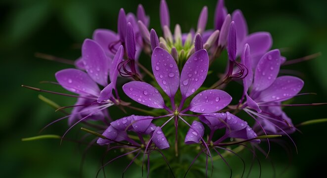 Closeup of a vibrant purple spider flower with water droplets on petals - Powered by Adobe