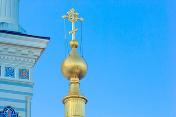 Foros, Crimea - 21 August 2025 Golden dome with a cross on sky background