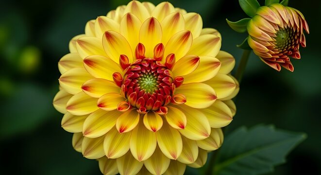 Closeup of a vibrant yellow dahlia flower with red accents and green bud - Powered by Adobe