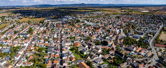 Aerial view around the old town of Gernsheim in Germany on a sunny early spring noon