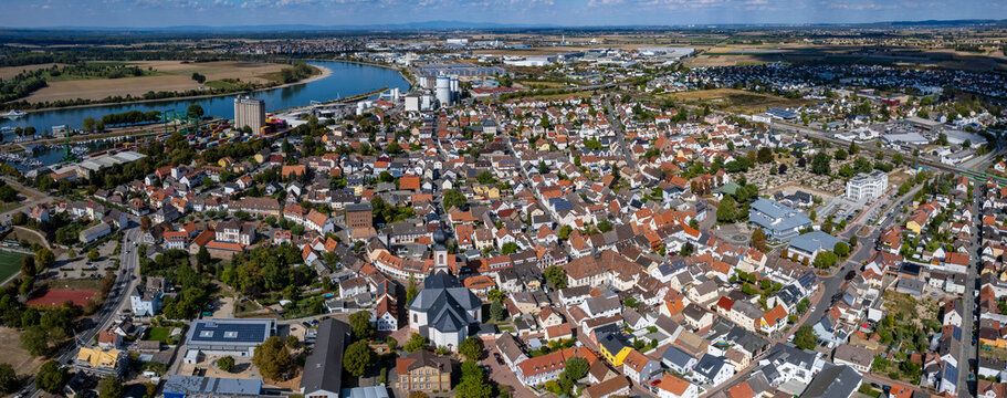 Aerial view around the old town of Gernsheim in Germany on a sunny early spring noon