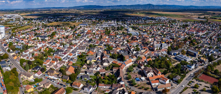 Aerial view around the old town of Gernsheim in Germany on a sunny early spring noon