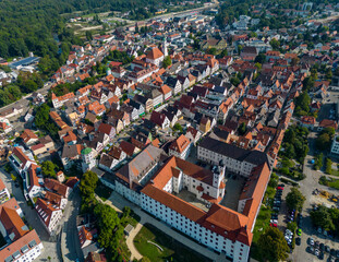 Aerial view around the old town of G&uuml;nzburg in Germany on a cloudy autumn day